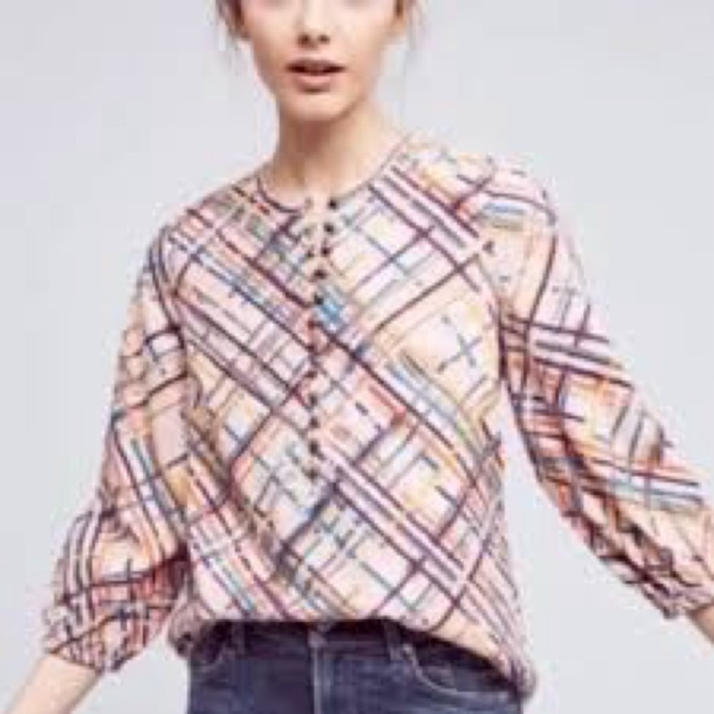 Maeve Plaid Button-Up 3/4 sleeve Women's Top Sz XS
